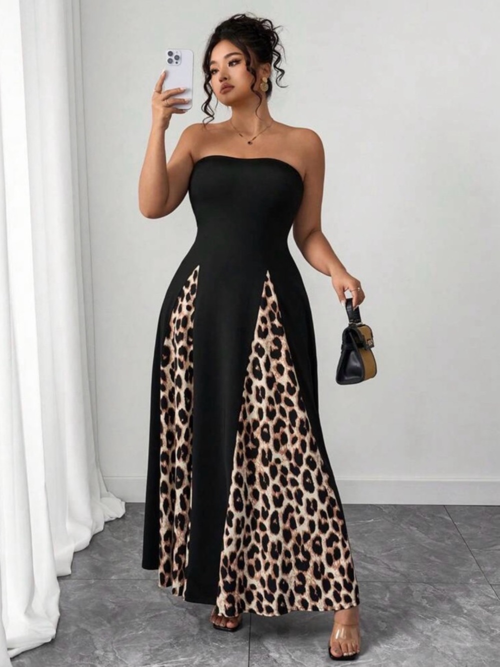 SHEIN Black Strapless Maxi Dress with Leopard Panels